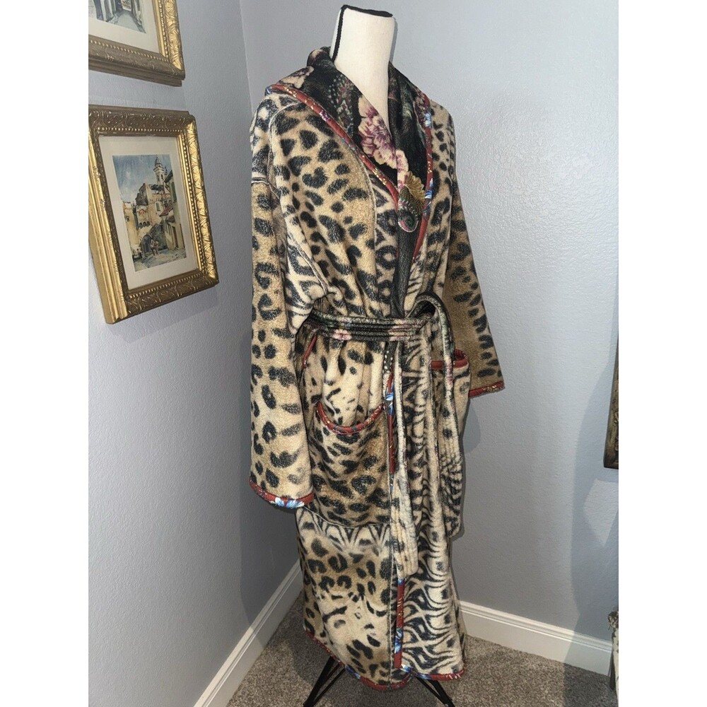 Johnny Was Aditi Robe Reversible Leopard L/XL Cozy Plush Boho Floral Girls Trip - Picture 13 of 16